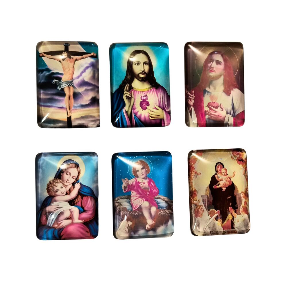 Set of 6 Religious Jesus & Mary Glass Refrigerator Magnets Christian Art